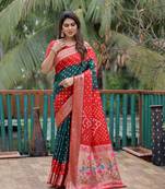 Red dola silk Woven designer saree with traditional hand bandhej printed