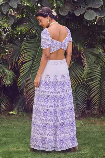Blue print crepe crop top with skirt
