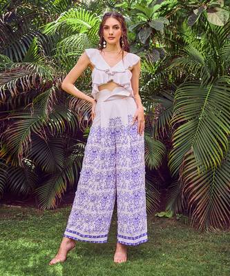 Blue print crepe crop top with pant 1