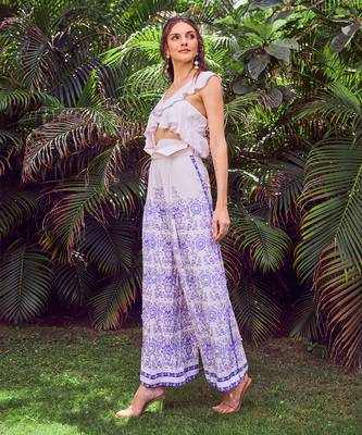 Blue print crepe crop top with pant 2