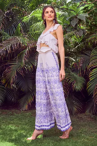 Blue print crepe crop top with pant