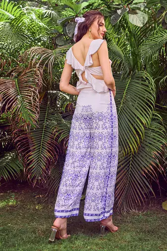 Blue print crepe crop top with pant
