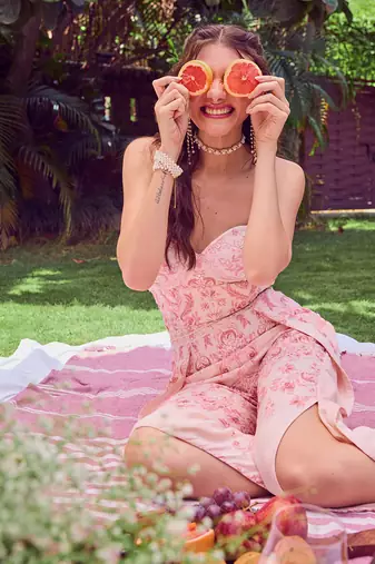 Pink print crepe corset jumpsuit