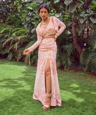 Pink print crepe crop top with skirt 1