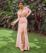 Pink print crepe crop top with skirt