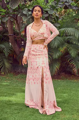 Pink print crepe crop top with skirt