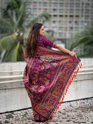 Purple pashmina silk blend Woven kashmiri meenakari ethnic indian rich looks saree 2