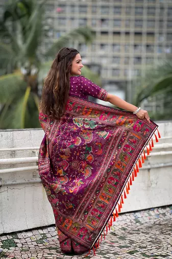 Purple pashmina silk blend Woven kashmiri meenakari ethnic indian rich looks saree
