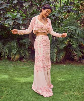 Pink print crepe crop top with skirt 3