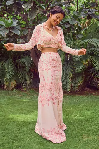 Pink print crepe crop top with skirt
