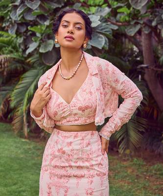 Pink print crepe crop top with skirt 4