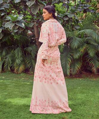 Pink print crepe crop top with skirt 5