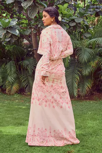 Pink print crepe crop top with skirt