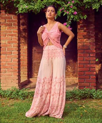 Pink print crepe crop top with pants 1