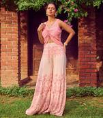 Pink print crepe crop top with pants