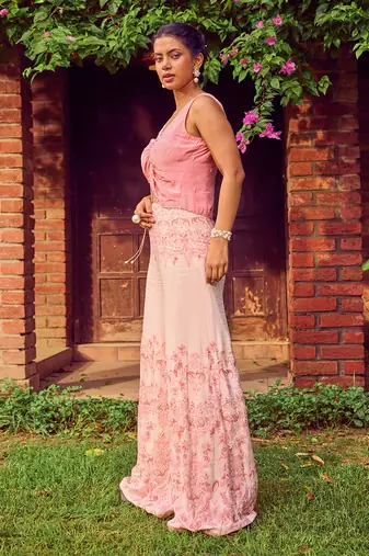 Pink print crepe crop top with pants