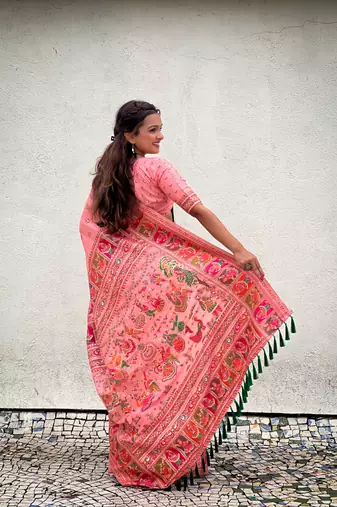 Peach pashmina silk blend Woven kashmiri meenakari ethnic indian rich looks saree