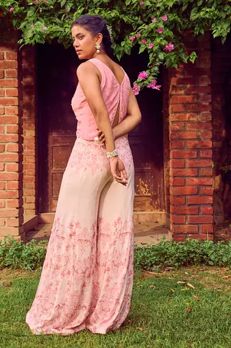 Pink print crepe crop top with pants