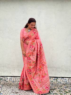 Peach pashmina silk blend Woven kashmiri meenakari ethnic indian rich looks saree 4