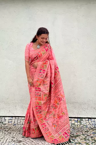 Peach pashmina silk blend Woven kashmiri meenakari ethnic indian rich looks saree