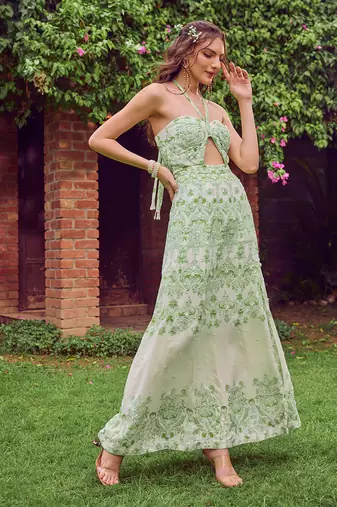 Green print crepe dress