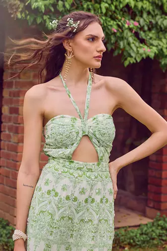 Green print crepe dress