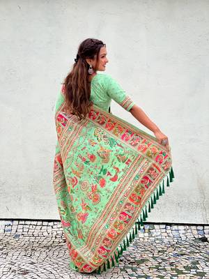 Sea green pashmina silk blend Woven kashmiri meenakari ethnic indian rich looks saree 2
