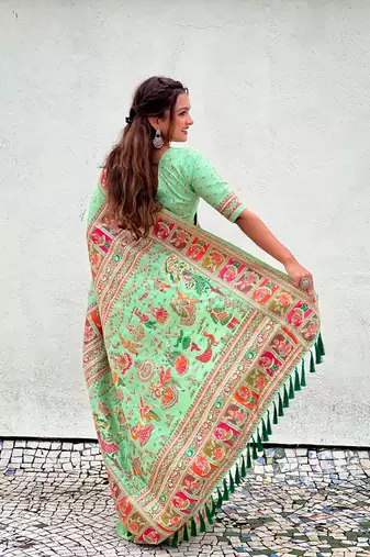 Sea green pashmina silk blend Woven kashmiri meenakari ethnic indian rich looks saree