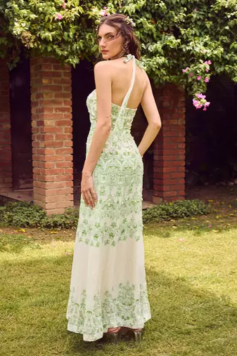 Green print crepe dress