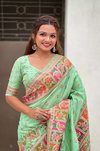 Sea green pashmina silk blend Woven kashmiri meenakari ethnic indian rich looks saree