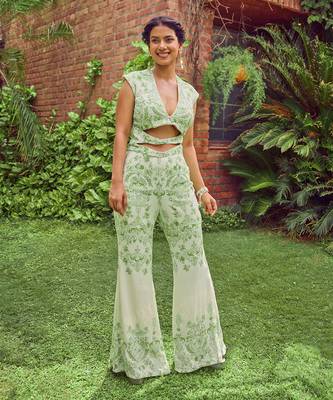 Green print crepe jumpsuit 1