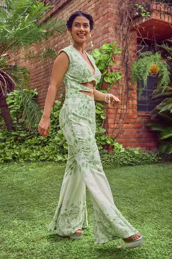 Green print crepe jumpsuit