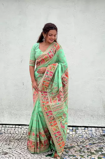 Sea green pashmina silk blend Woven kashmiri meenakari ethnic indian rich looks saree