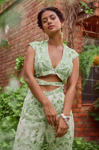 Green print crepe jumpsuit