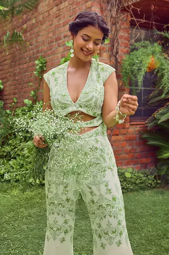 Green print crepe jumpsuit