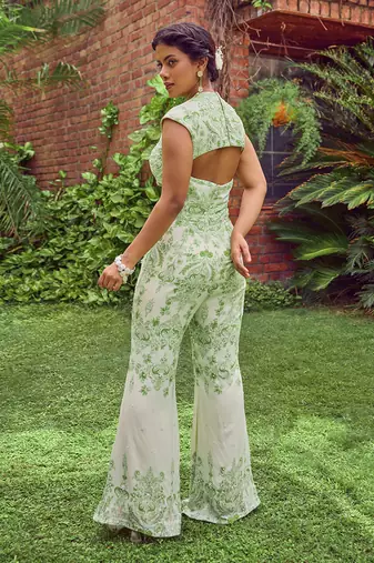 Green print crepe jumpsuit