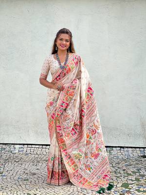 White pashmina silk blend Woven kashmiri meenakari ethnic indian rich looks saree 1