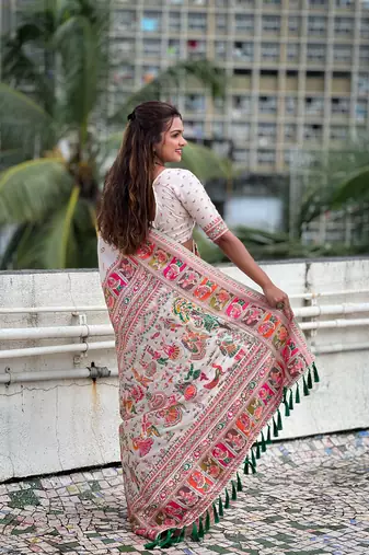 White pashmina silk blend Woven kashmiri meenakari ethnic indian rich looks saree