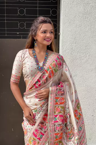 White pashmina silk blend Woven kashmiri meenakari ethnic indian rich looks saree