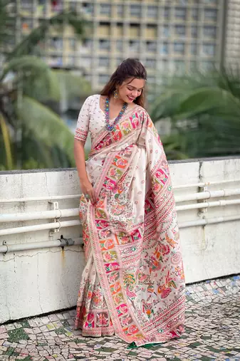 White pashmina silk blend Woven kashmiri meenakari ethnic indian rich looks saree