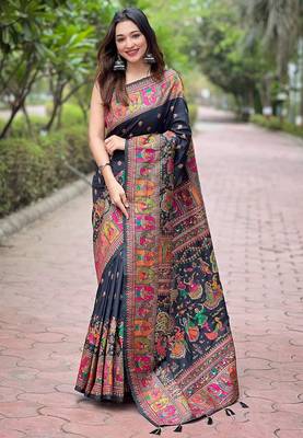 Black pashmina silk blend Woven kashmiri meenakari ethnic indian rich looks saree 1