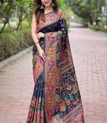 Black pashmina silk Woven kashmiri meenakari ethnic indian rich looks saree