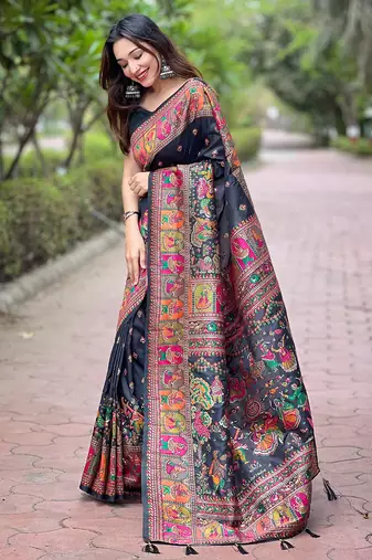 Black pashmina silk blend Woven kashmiri meenakari ethnic indian rich looks saree
