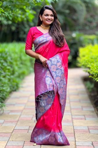 Pink soft silk weaving dual jari designer ethnic indian traditional saree