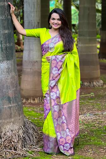 Lime soft silk weaving dual jari designer ethnic indian traditional saree