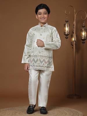White sequince embroidered silk indowestern set for boys ethnic wear 1