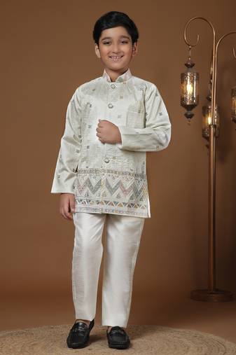 White sequince embroidered silk indowestern set for boys ethnic wear
