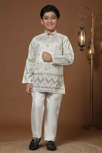 White sequince embroidered silk indowestern set for boys ethnic wear