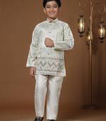 White sequince embroidered silk indowestern set for boys ethnic wear