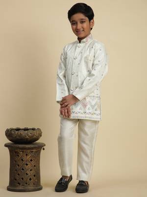 White sequince embroidered silk indowestern set for boys ethnic wear 2